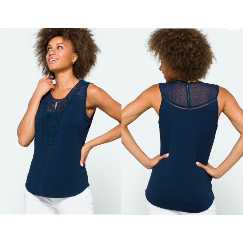 Daniel Rainn Navy Blue Ranella Sleeveless Crochet Front Keyhole Knit Top Size XL